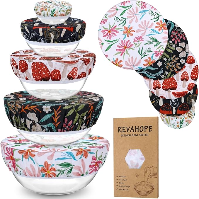 5-Size Reusable Beeswax Bowl Covers for Bread Proofing, Cotton Cloth Flexible Beeswax Wraps for Food Storage(Mushroom)