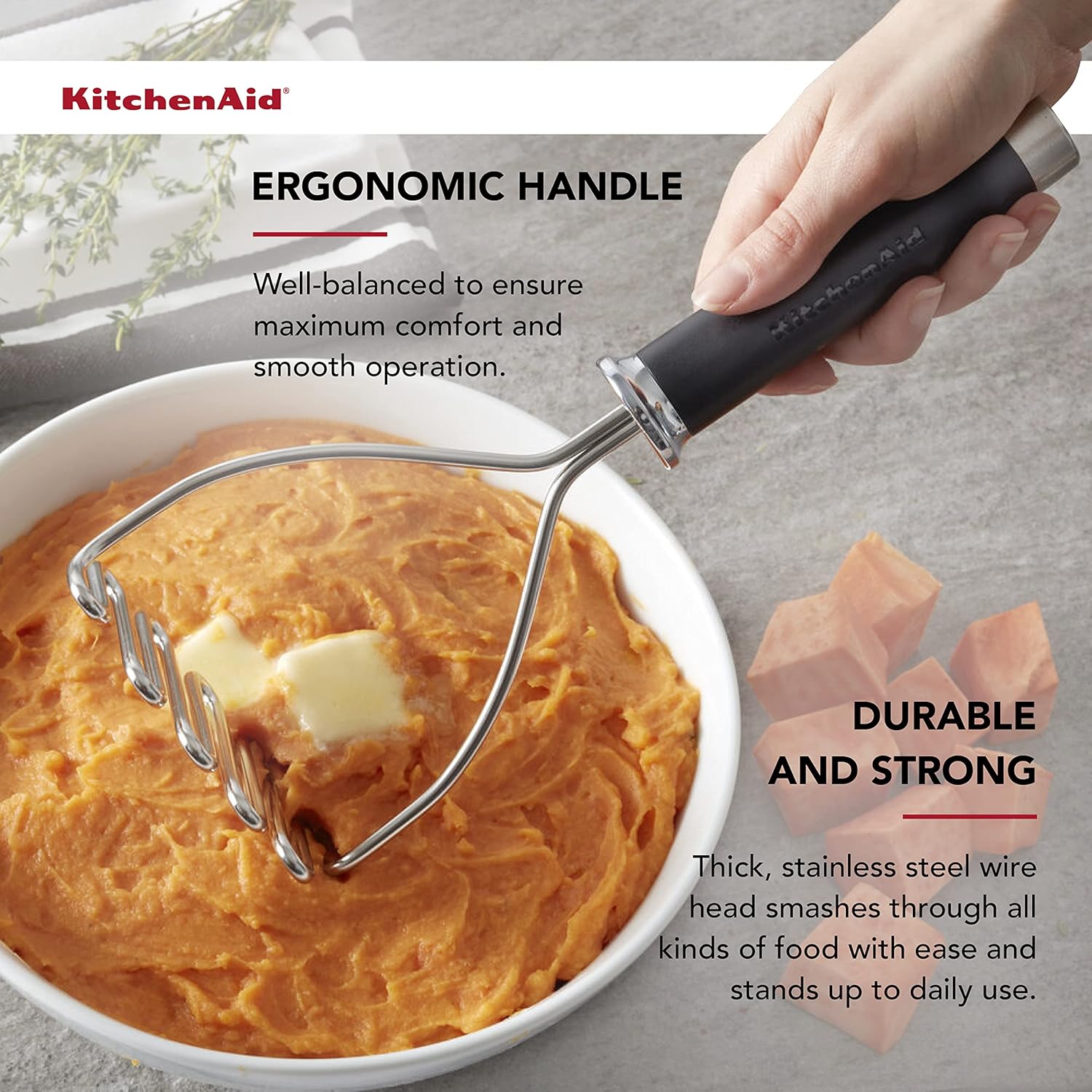 KitchenAid Gourmet Stainless Steel Wire Masher, 10.24-Inch, Black - Culinary Roots
