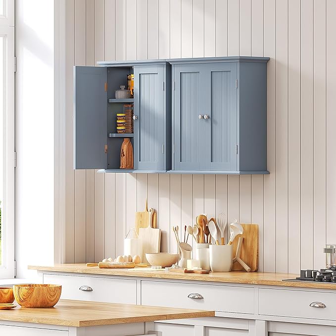 ChooChoo Bathroom Wall Cabinet, Over The Toilet Space Saver Storage Cabinet, Medicine Cabinet with 2 Door and Adjustable Shelves, Cupboard, Grey