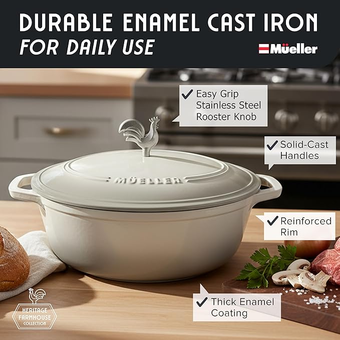 MUELLER HOME 5.5 Quart Enameled Cast Iron Oval Dutch Oven with Rooster Knob & Cotton Potholders, Heavy-Duty Cookware, Oven-Safe up to 500° F & Across All Cooktops, Gifts for Grandma & Women, White