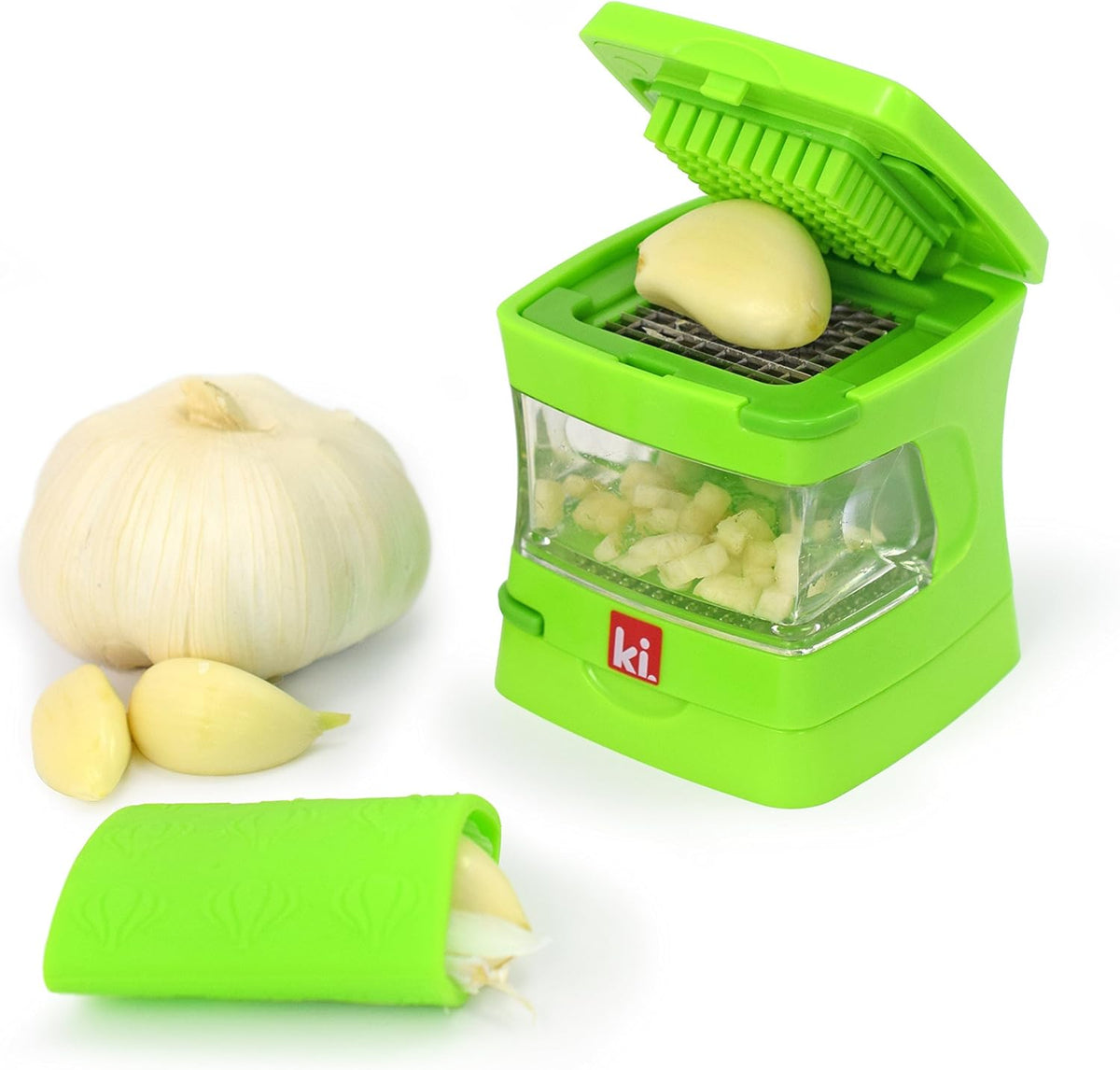 Garlic-A-Peel Garlic Press, Crusher, Cutter, Mincer, and Storage Container - Includes Silicone Garlic Peeler - Easy to Clean - Stainless Steel Blades – (Green), standard - Culinary Roots