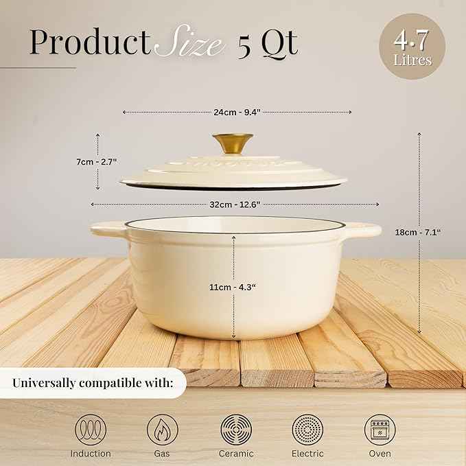 Cast Iron Pot with Lid – Non-Stick Ovenproof Enamelled Casserole Pot, Oven Safe up to 500° F – Sturdy Dutch Oven Cookware – Cream, 5-Quart, 24cm – by Nuovva