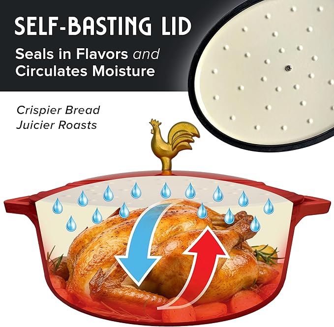 MUELLER HOME 5.5 Quart Enameled Cast Iron Oval Dutch Oven w Rooster Knob & Cotton Potholders, Heavy-Duty Cookware, Oven-Safe up to 500° F & Across All Cooktops, Gifts for Grandma & Women, Red