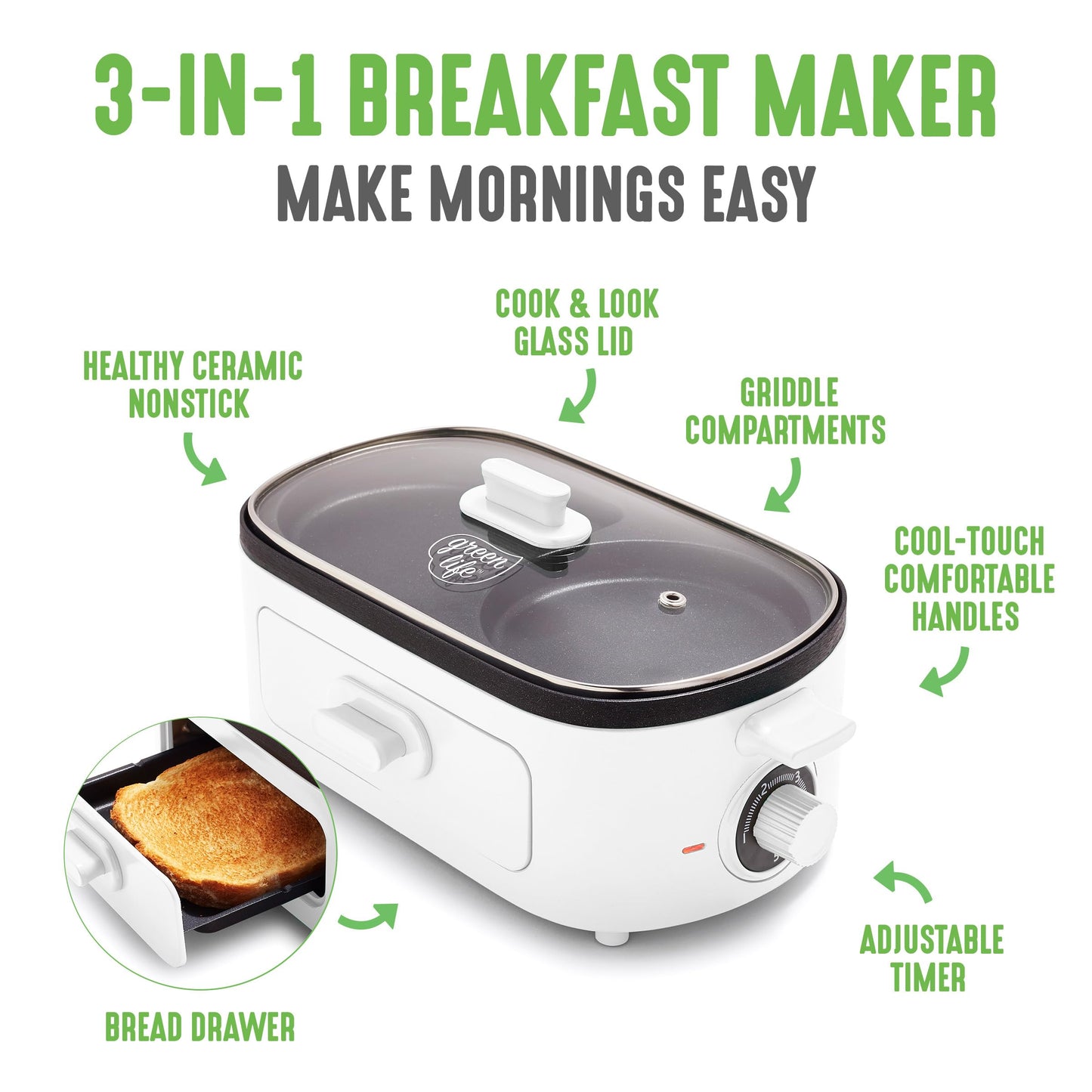3-in-1 Breakfast Maker Station, Healthy Ceramic Nonstick Dual Griddles for Eggs Meat Sausage Bacon Pancakes and Breakfast Sandwiches, 2 Slice Toast Drawer, Easy-to-use Timer, White