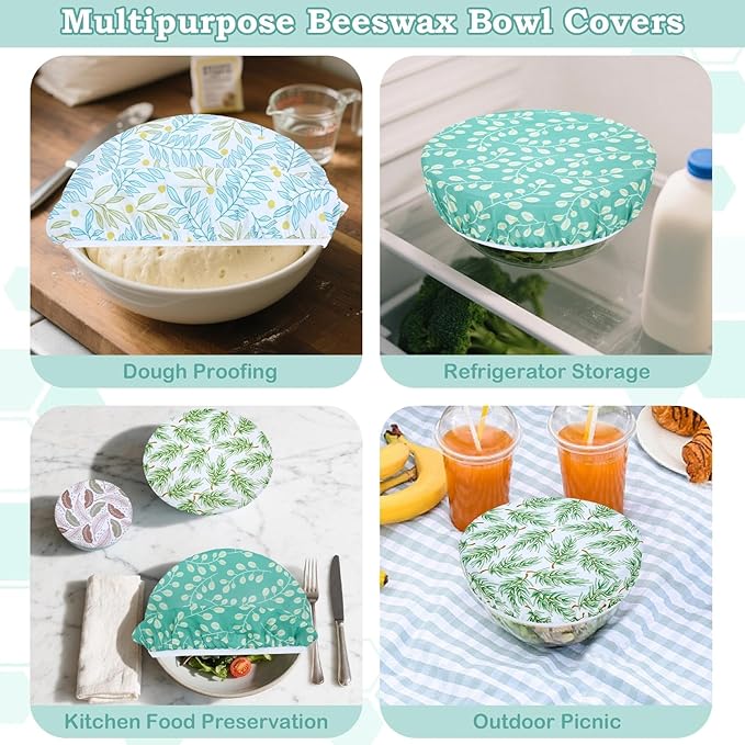 5-Size Reusable Beeswax Bowl Covers for Bread Proofing, Cotton Cloth Flexible Beeswax Wraps for Food Storage(Green Leaves)