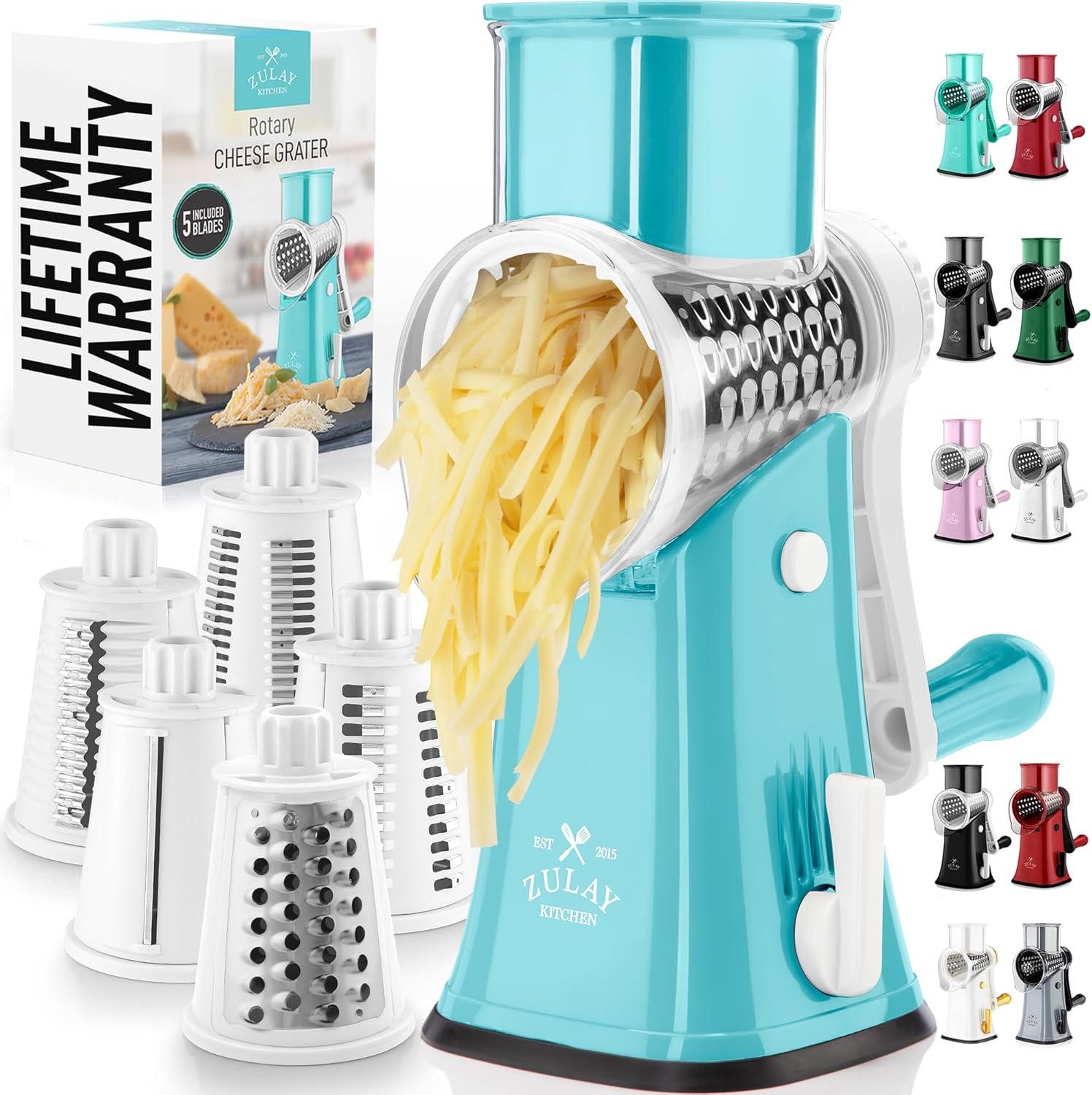 Zulay Kitchen Rotary Cheese Grater 5 Blade Cheese Shredder - Manual Hand Crank Cheese Grater With Reinforced Suction & 5 Interchangeable Drums - Easy to Use, Vegetable Chopper Round Mandoline Slicer - Culinary Roots