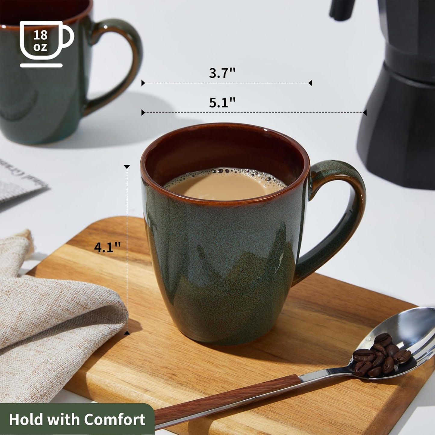 Coffee Mug 16 oz, Ceramic Coffee Mugs Set of 4, Reactive Glaze Mug for Latte/Tea/Cappuccino, Large Stackable Mug Set for Men, Women, Dad, Mom, Dishwasher & Microwave Safe, Brown Green
