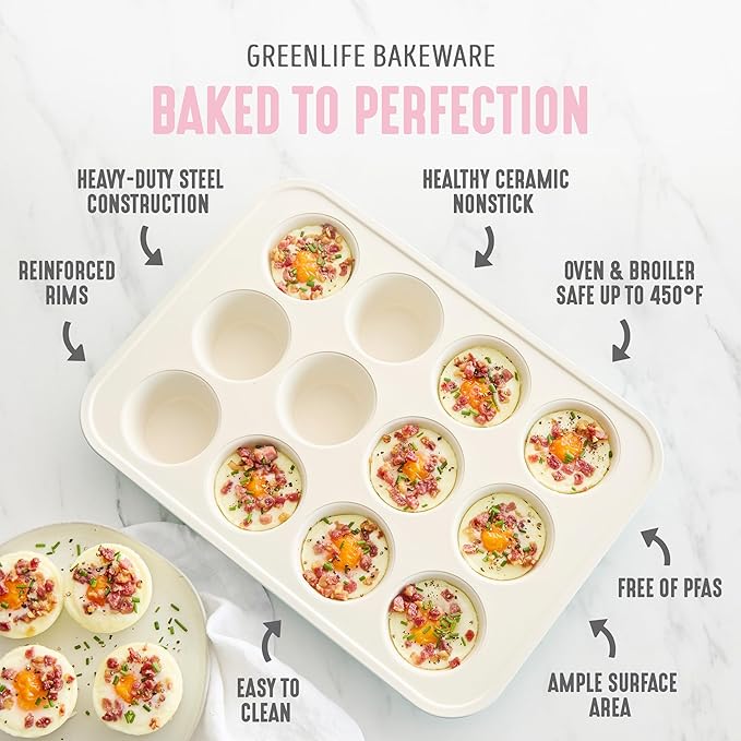 GreenLife 6 Piece Nonstick Bakeware Set, Non-Toxic PFAS-Free Ceramic Oven Pans, Dishwasher & Oven Safe to 450°F, Easy Release Baking Sheet, Loaf Pan, Rectangle & Round Cake, Muffin Pan, Pink