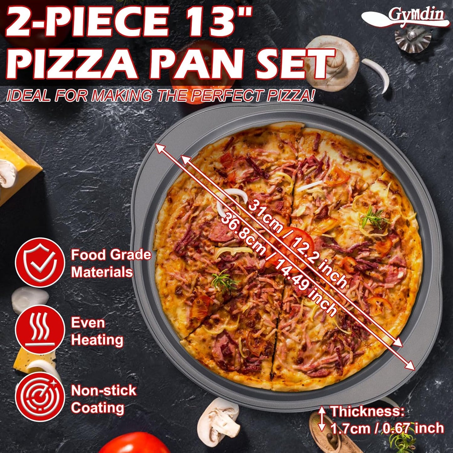 Pizza Pan for Oven - 13" Round Pizza Pans with Holes(2 Pack), Non-stick Carbon Steel Pizza Trays with Handle, Easy to Clean & Oven Safe - Culinary Roots