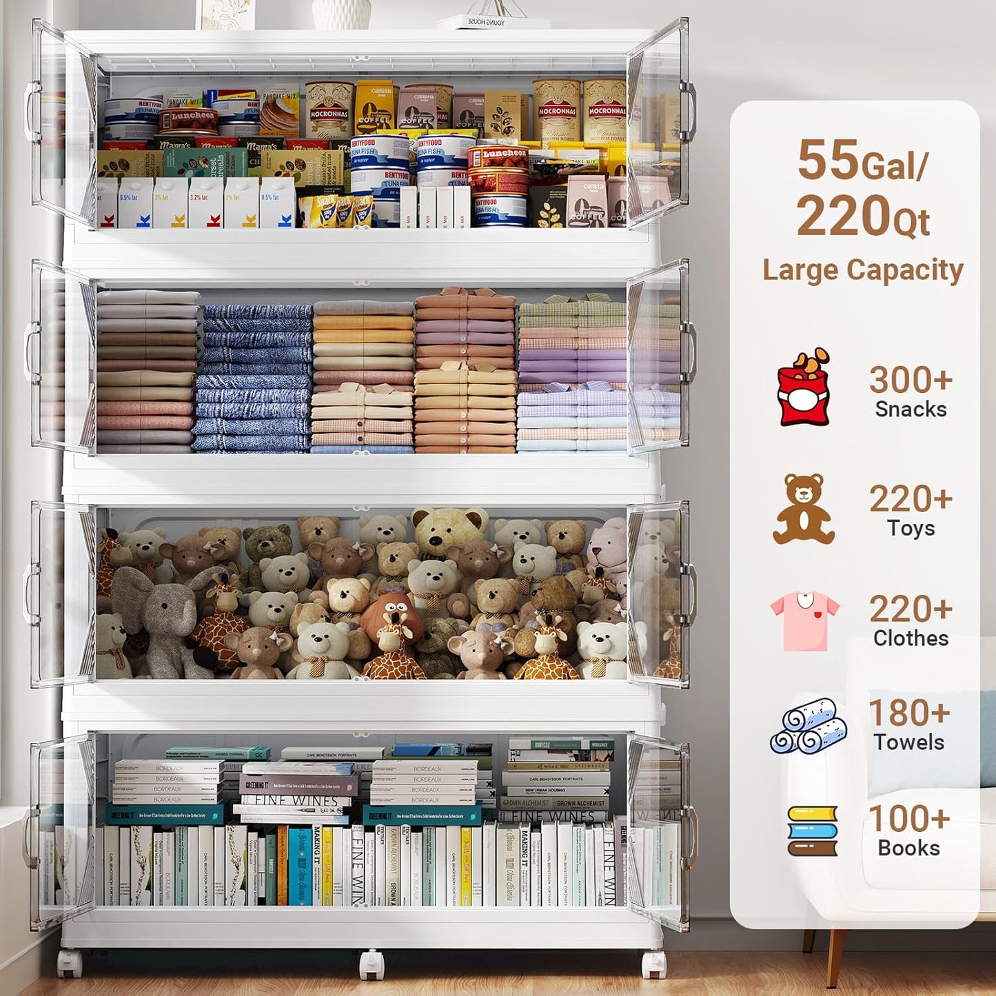 165Gal Plastic Stackable Storage Bins with Lid, 660QT Extra Large Closet Organizers Collapsible Cabinets Boxes With Drawers, Foldable Containers with 6x Wheels for Home Kitchen, V60 3Pack White