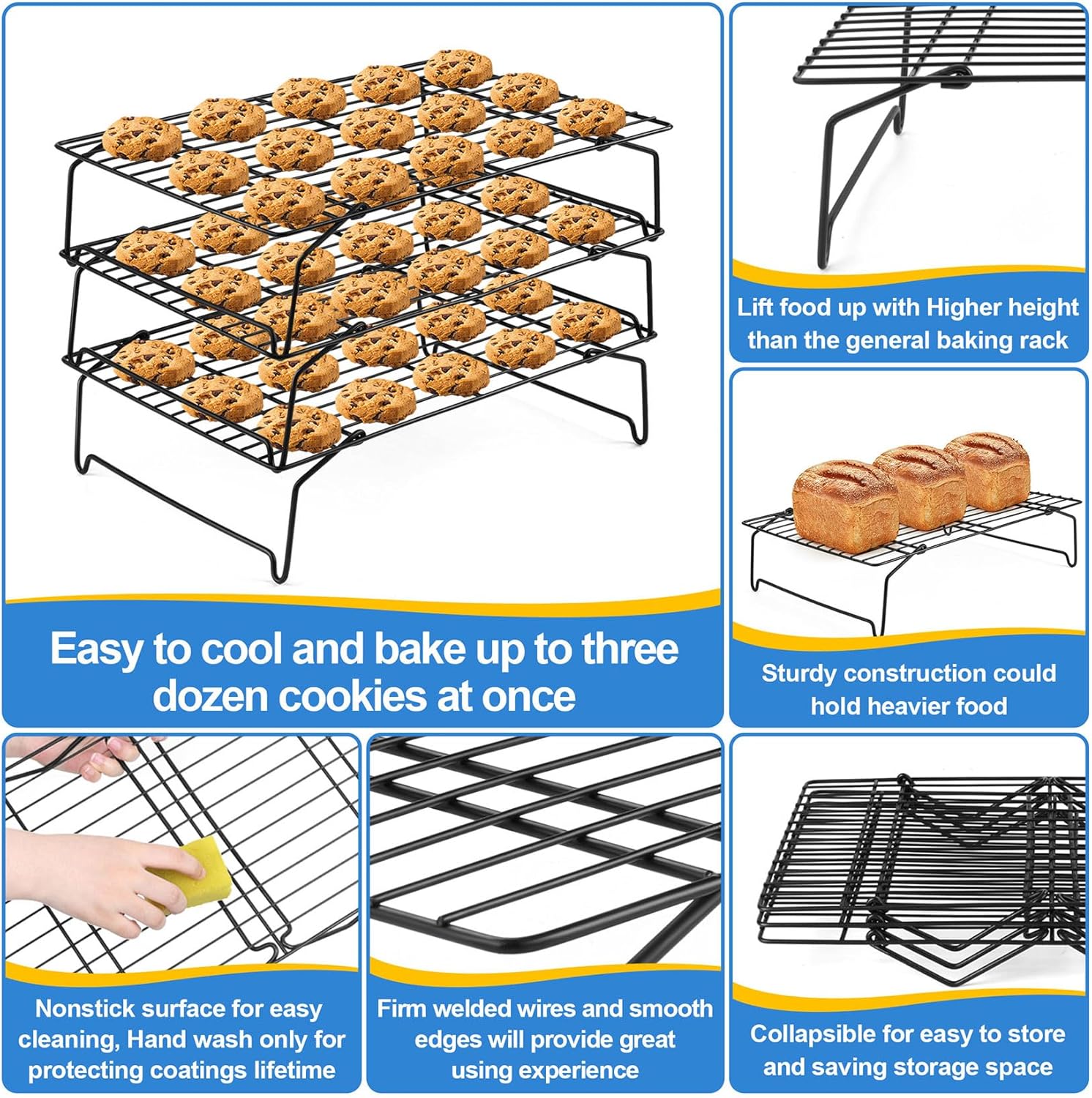 P&P CHEF 3-Tier Cooling Rack Set, Stackable Stainless Steel Baking Cooling Roasting Cooking Racks for Cake, Pastry, Bread, Meat, Bacon, Collapsible & Thick Wire, Oven Safe, 15" x10", Black - Culinary Roots