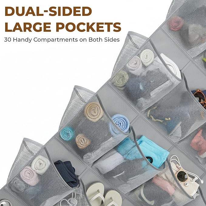 Hanging Shoe Organizer For Closet Rod with 30 Large Pockets Dual Sided 360 Rotating Hanger Space Saving Storage Bag Rack Shelves for Bedroom Laundry Room, Grey