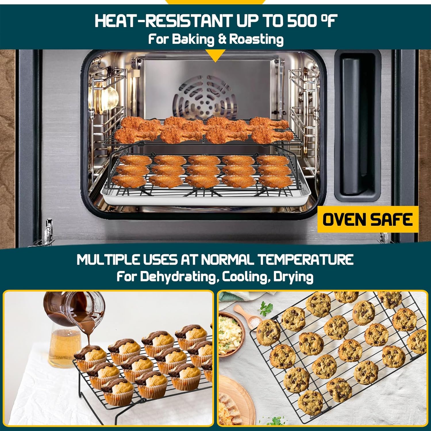 P&P CHEF Cooling Rack, 5-Tier Stainless Steel Stackable Baking Cooking Racks for Cooling Roasting Grilling, Collapsible & Heavy Duty, Oven Safe & Easy Clean, 15" x 10", Black - Culinary Roots