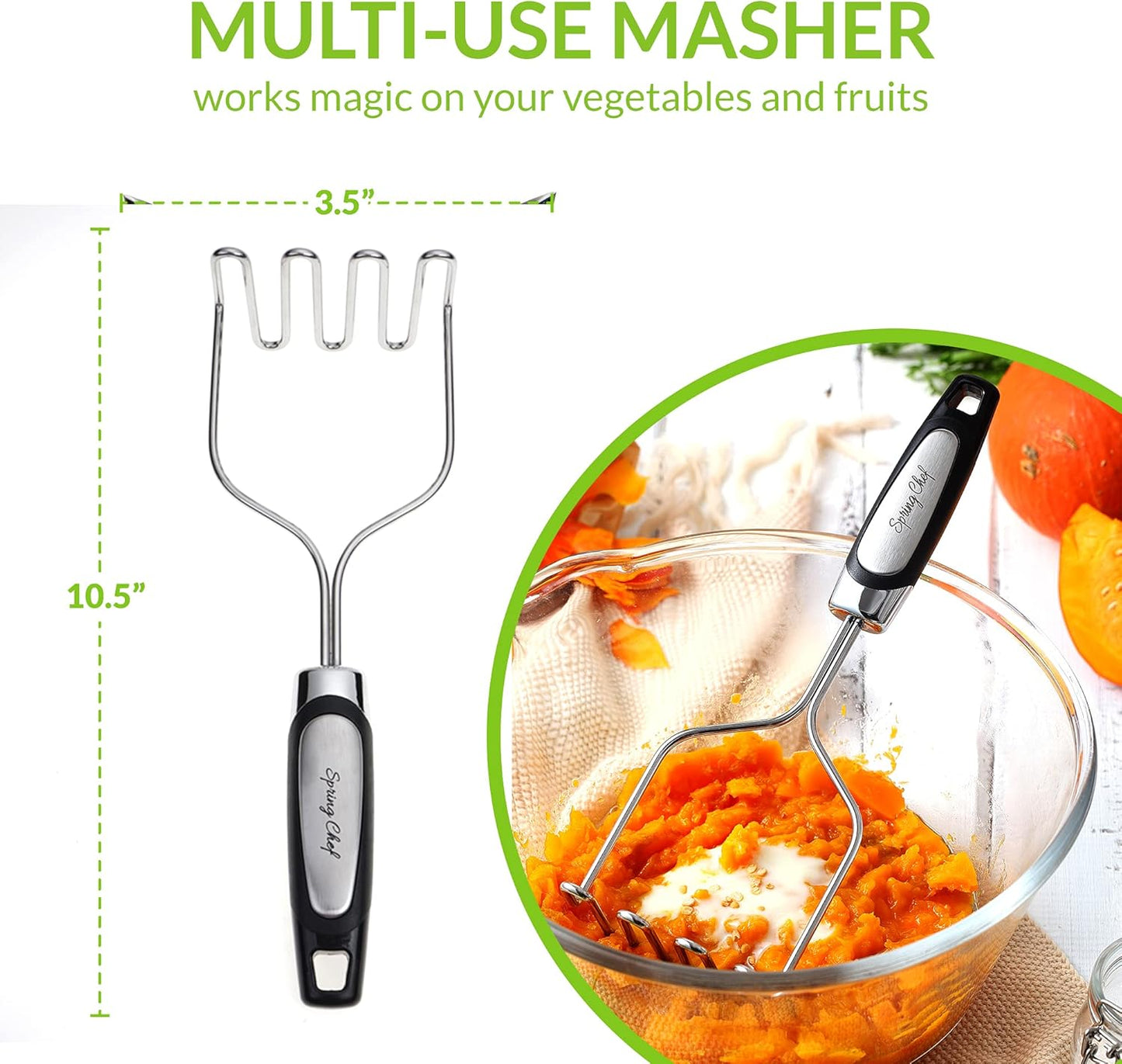 Spring Chef Stainless Steel Potato Masher with Premium Vegetable Peeler, Mashed Potato Masher - Kitchen Tool with Soft Non-slip Handle, Metal Food Masher for Fruit, Avocado, Bean, Guacamole, Banana - Culinary Roots