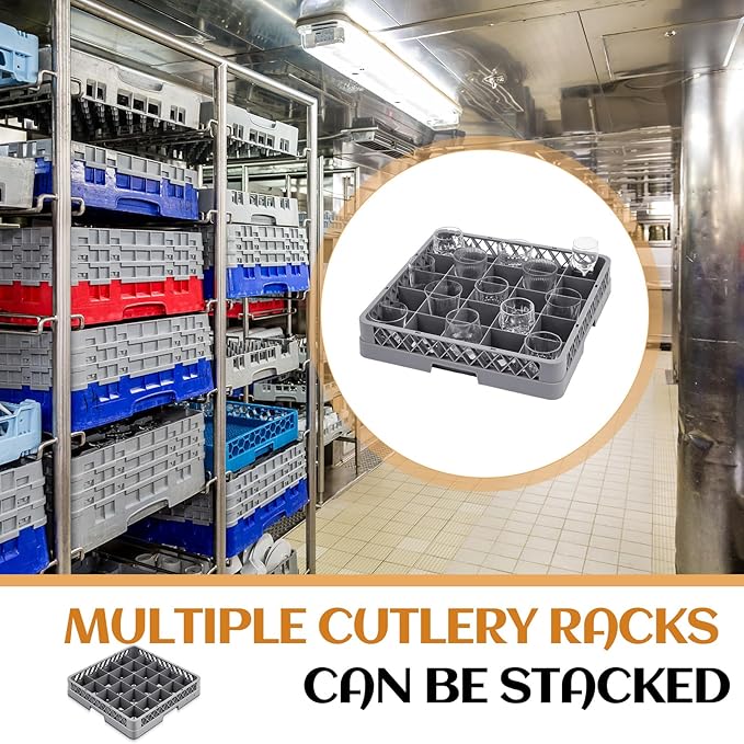 1 Pack Commercial Dishwasher Tray Rack Polypropylene Full Size Flatware Rack for Bowls Plates Knives Forks Cups (25 Grid,Gray)