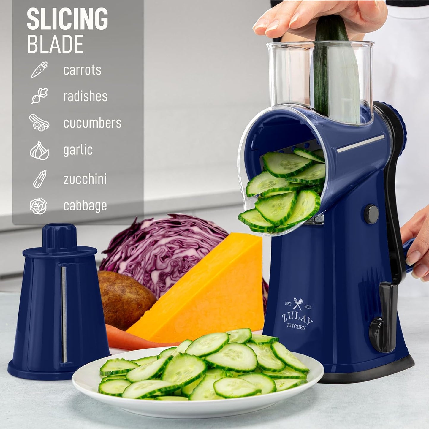 Zulay Kitchen Rotary Cheese Grater 5 Blade Cheese Shredder - Manual Hand Crank Cheese Grater With Reinforced Suction & 5 Interchangeable Drums - Easy to Use, Vegetable Chopper Round Mandoline Slicer - Culinary Roots