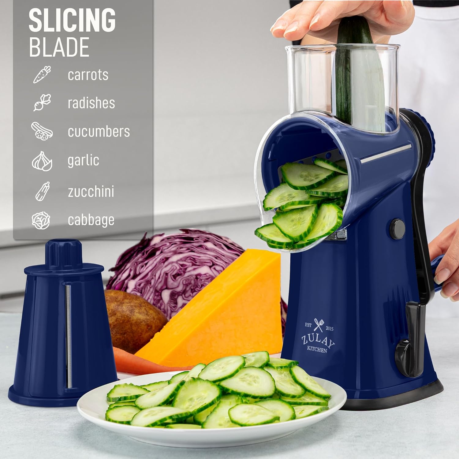 Zulay Kitchen Rotary Cheese Grater 5 Blade Cheese Shredder - Manual Hand Crank Cheese Grater With Reinforced Suction & 5 Interchangeable Drums - Easy to Use, Vegetable Chopper Round Mandoline Slicer - Culinary Roots