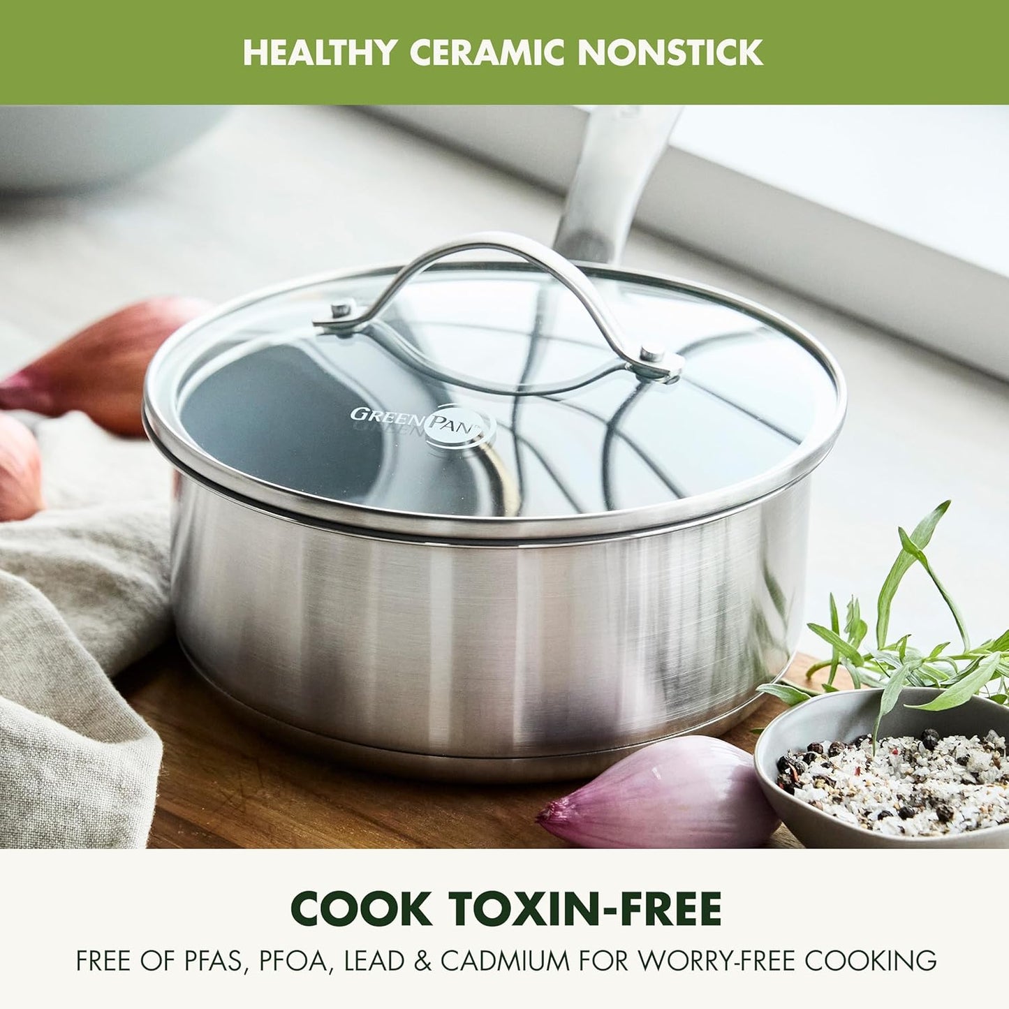 GreenPan Stainless Steel Treviso 2.1QT Saucepan with Lid, Healthy Ceramic Nonstick, PFOA-Free PFAS-Free, Induction, Dishwasher Safe, Oven Safe, Even Heating, Silver - Culinary Roots