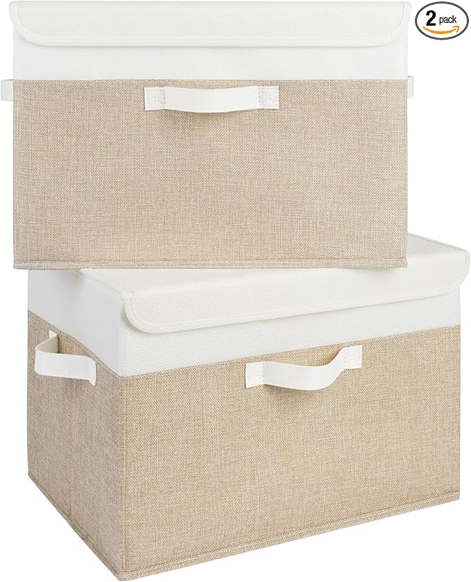 GRANNY SAYS Storage Boxes with Lids, Decorative Storage Bins, Shelf Baskets, Clothes Storage and Organization, White/Khaki, 2-Pack