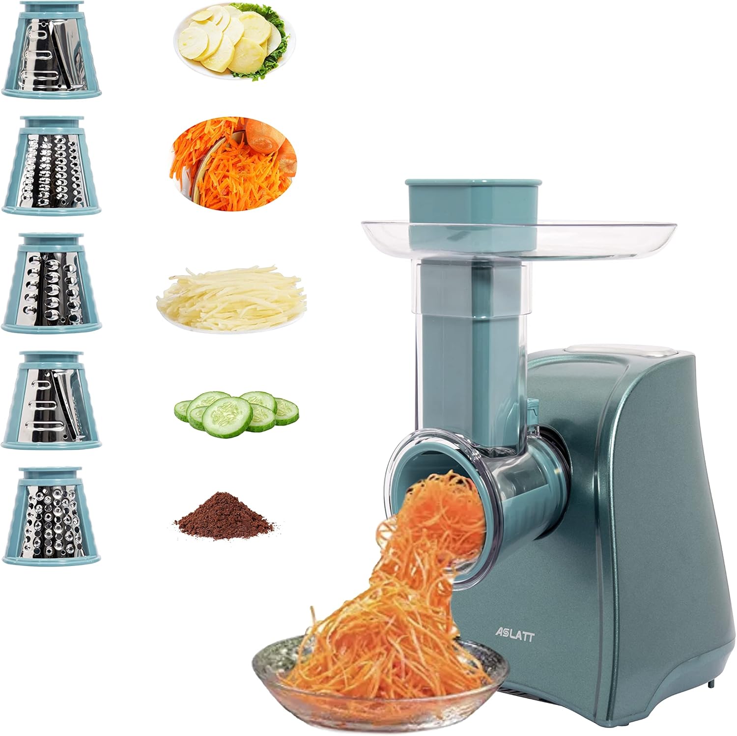 One-Touch Control Cheese Grater Machine - Electric Shredder for Vegetables, Fruits, Potato - Salad Maker with 5 Free Attachments, Green - Culinary Roots