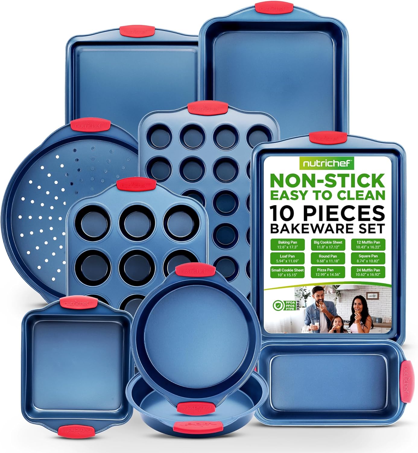 NutriChef 10-Piece Nonstick Bakeware Set - Premium Carbon Steel Baking Pans w/Silicone Handles - Includes Pizza Tray, 12 & 24 Cup Muffin Pans, Cookie Sheets, Round & Square Pans, Loaf Pan - Blue - Culinary Roots