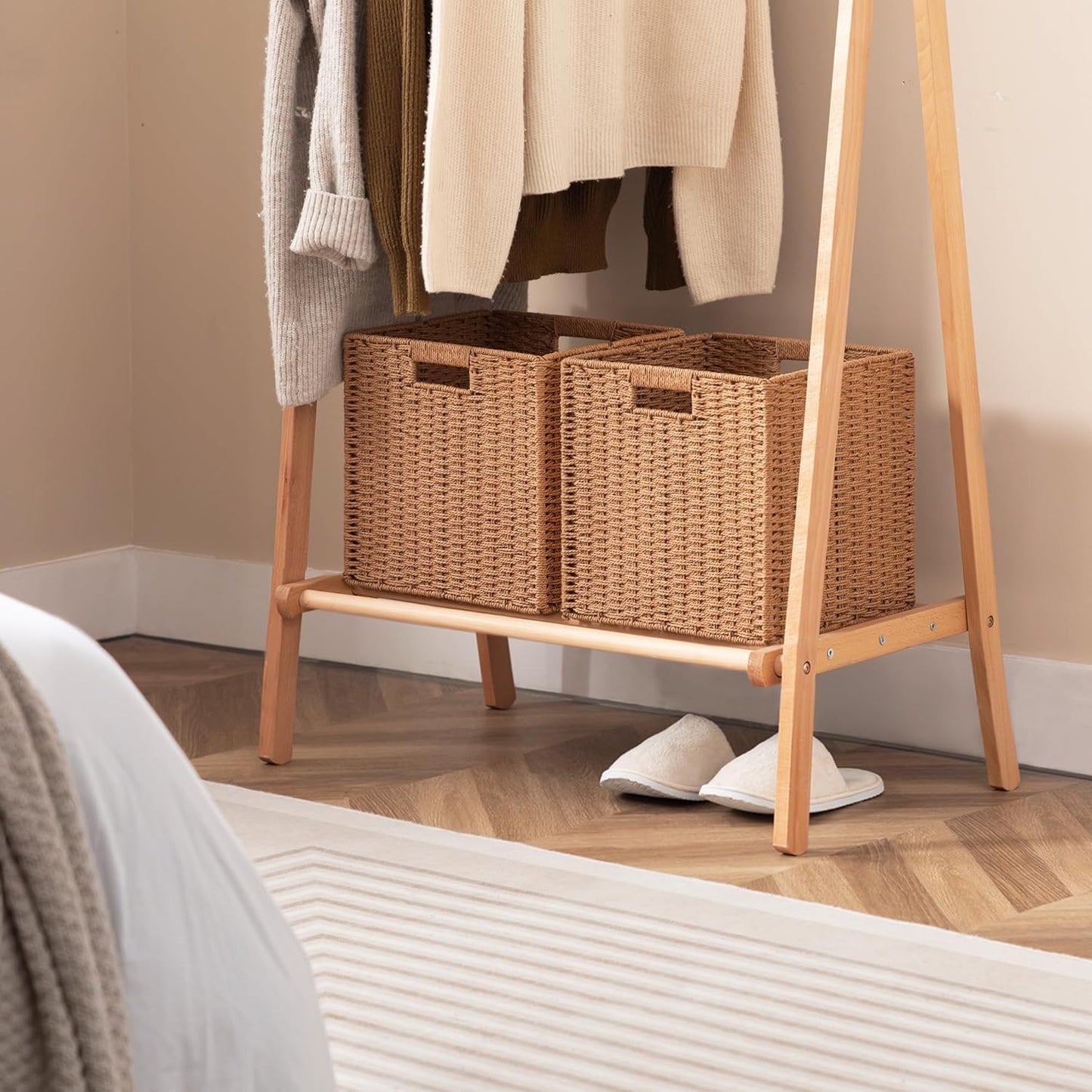 UBBCARE 2 Pack Wicker Basket, 11L×11H×10.5W inch Woven Paper Rope Storage Baskets for shelves, Foldable Cube Storage bin with Handle, Storage Basket for Organizing & Decor, Caramel