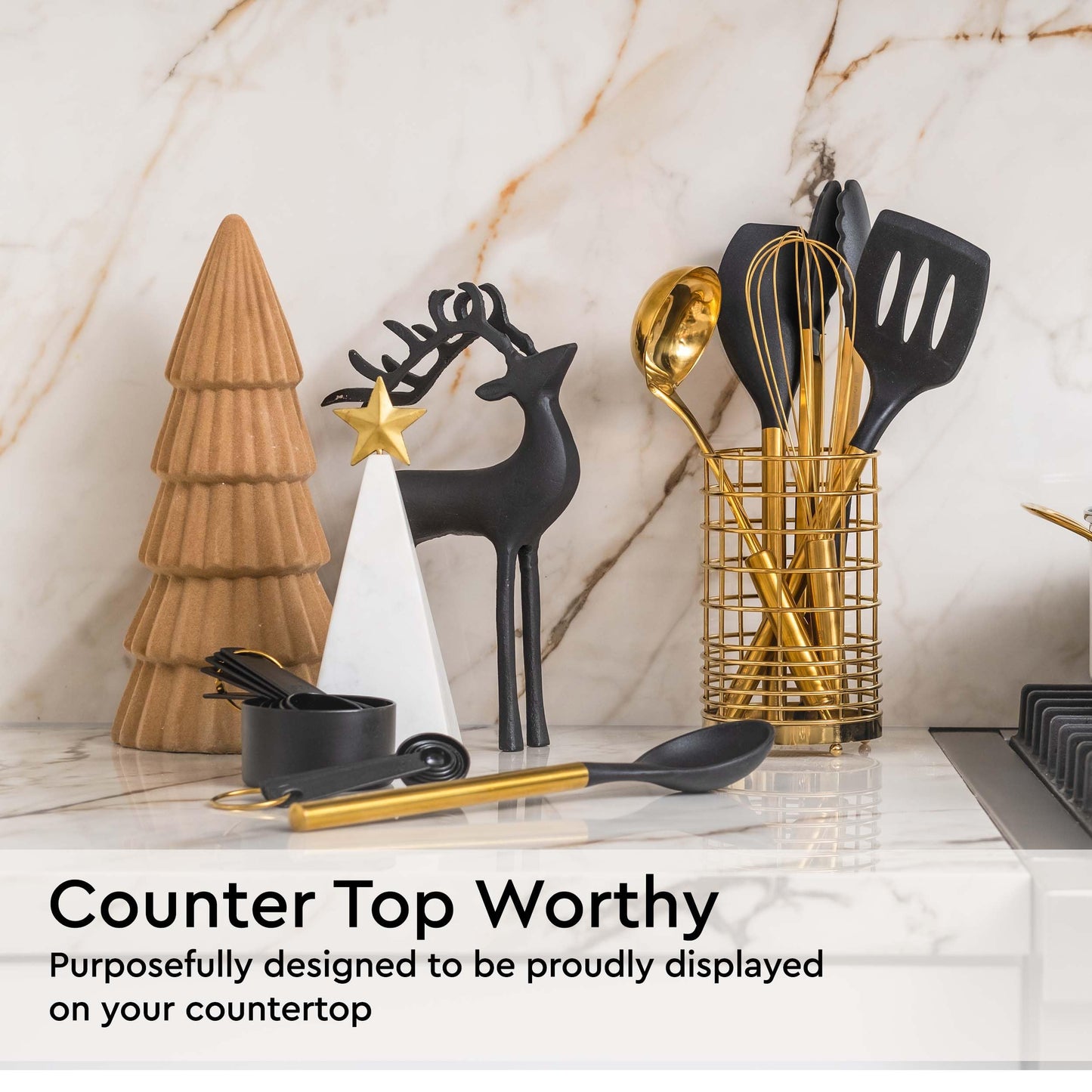 Black and Gold Kitchen Utensils Set with Holder (18 Count)