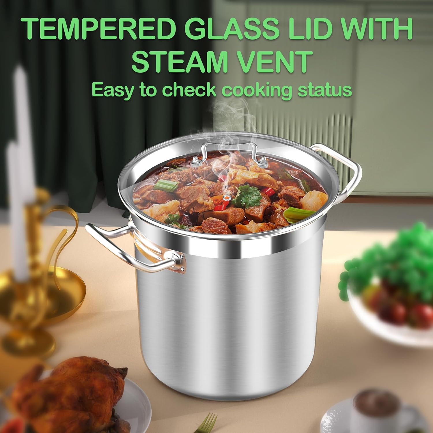 Stainless Steel 20 Quart Stockpot with Tempered Glass Lid, 3-Ply Base, 8.8 lbs, Polished Finish, Suitable for Stovetop and Oven - Culinary Roots