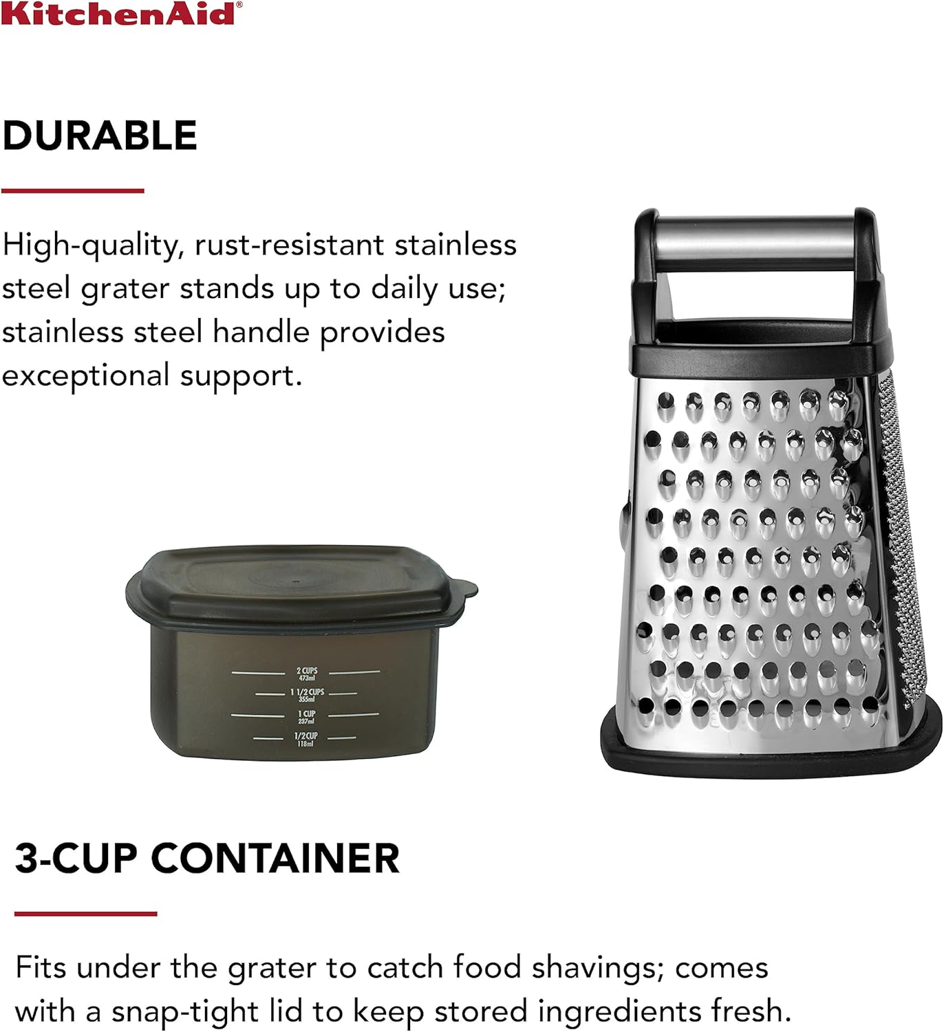 KitchenAid Gourmet 4-Sided Stainless Steel Box Grater for Fine, Medium and Coarse Grate, and Slicing, Detachable 3 Cup Storage Container and Measurment Markings, Dishwasher Safe, 10 inches tall, Black - Culinary Roots