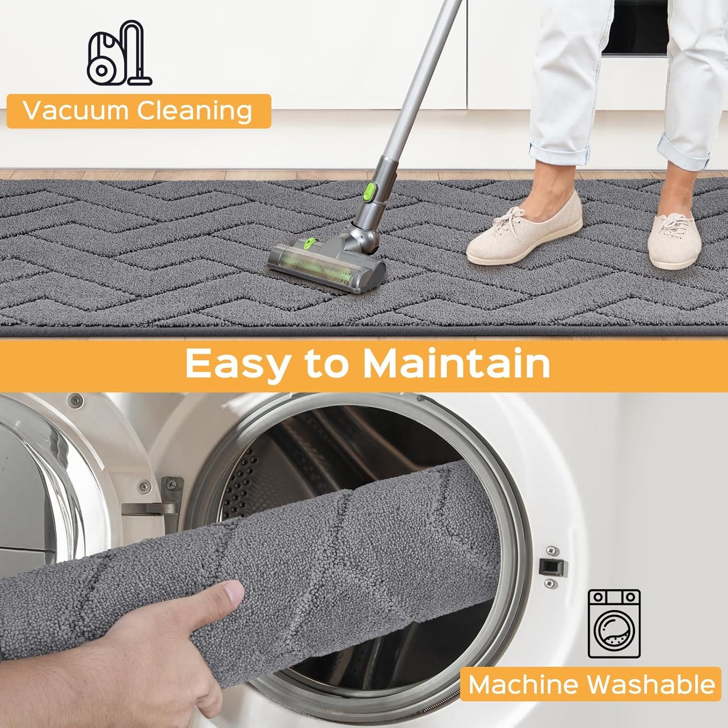 Machine Washable Kitchen Rugs 24" x 70", Non-Slip Kitchen Runner Rugs Mats for Floor, Absorbent Comfort Standing Mats for Kitchen, Sink, Laundry and Hallway, Rolled Packaging, Grey