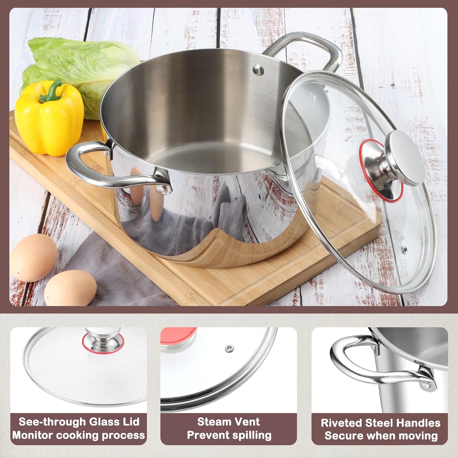 Herogo 6 Quart Stock Pot, 18/10 Stainless Steel Pasta Stockpot with Lid, 6 QT Cooking Pot with Handles, Tri-Ply Stockpot for Induction Gas Electric Stove, Dishwasher Safe - Culinary Roots