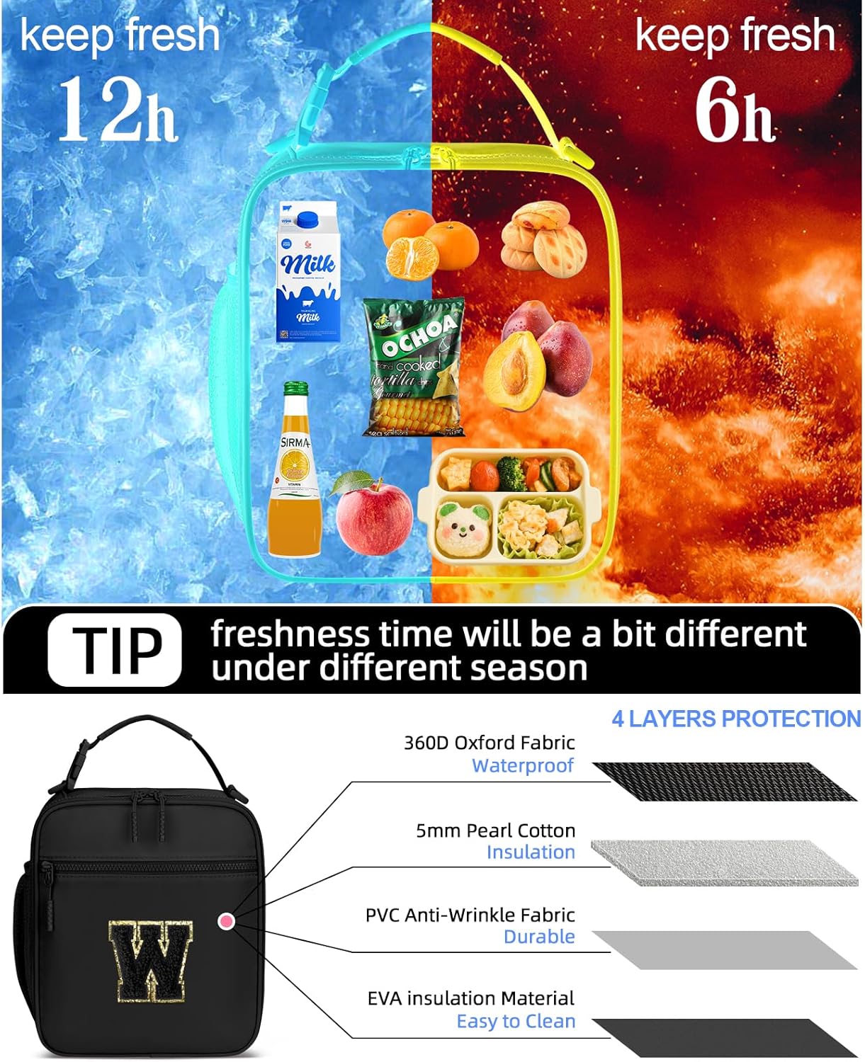 Initial Insulated Lunch Bag for Boys Kids, Back to School Gift, Reusable Leak-proof Lunch Box with Adjustable Strap for School Daycare Travel Picnic（Black，W）