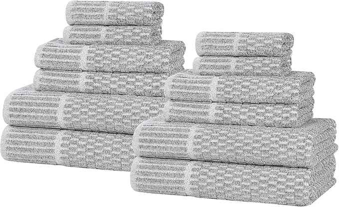 Superior Juno Viscose Cotton Blend Medium Weight Towels, for Bathroom, Shower, Spa, Plush, Quick Dry, Ultra-Soft Towels, Bath Essentials, Border Detail, 12 Piece Assorted Towel Set, Charcoal