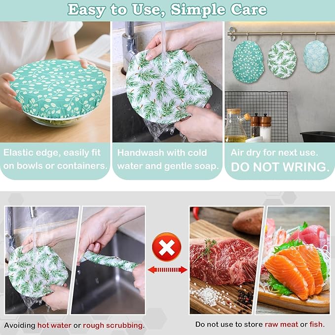 5-Size Reusable Beeswax Bowl Covers for Bread Proofing, Cotton Cloth Flexible Beeswax Wraps for Food Storage(Green Leaves)