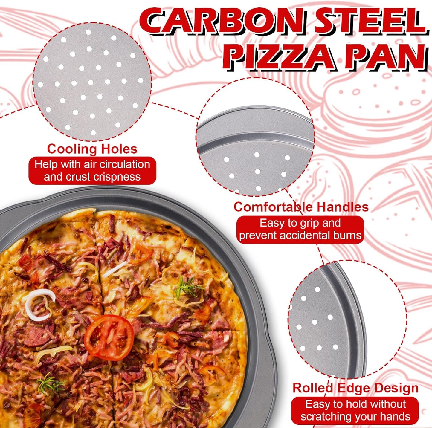 Pizza Pan for Oven - 13" Round Pizza Pans with Holes(2 Pack), Non-stick Carbon Steel Pizza Trays with Handle, Easy to Clean & Oven Safe - Culinary Roots
