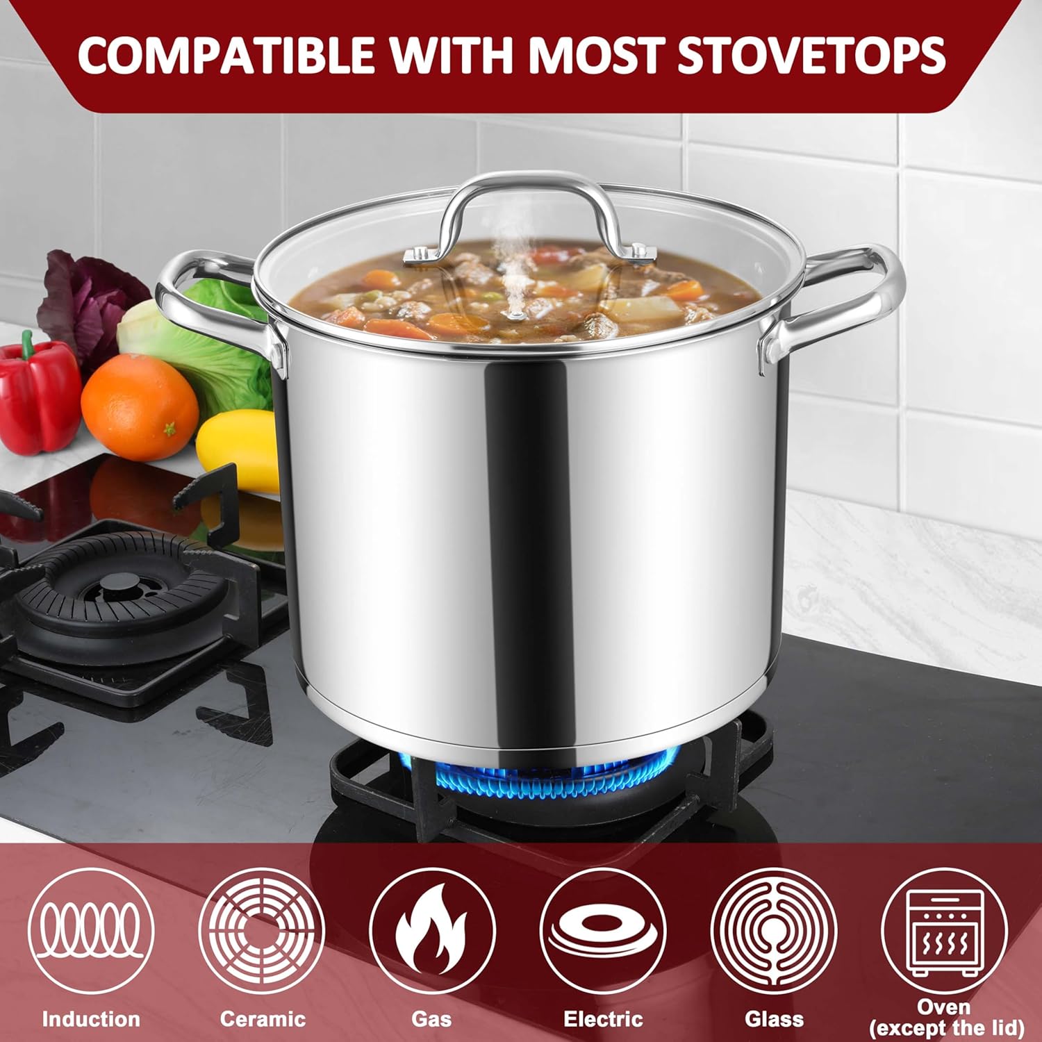 Herogo 12-Quart 18/10 Stainless Steel Stock Pot with Lid, Large Heavy Duty Soup Pot Compatible with Electric, Gas, Induction and Various Cooktops, Dishwasher Safe - Culinary Roots