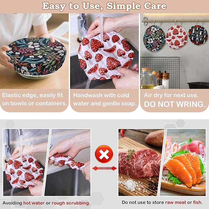 5-Size Reusable Beeswax Bowl Covers for Bread Proofing, Cotton Cloth Flexible Beeswax Wraps for Food Storage(Mushroom)
