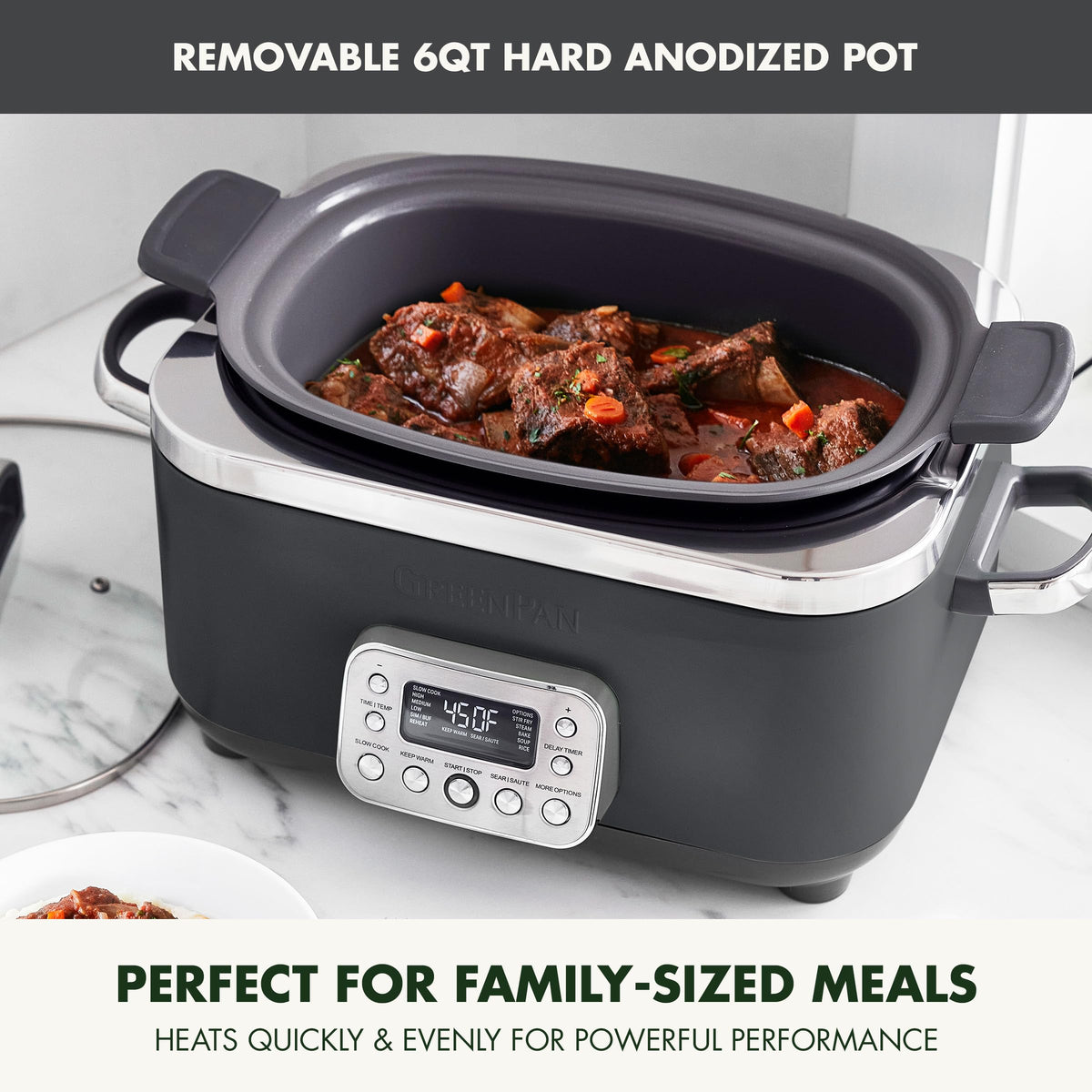 Elite 14-in-1 Nonstick 6QT Electric Slow Cooker, PFAS-Free Ceramic Multi-Cooker, In-Pot Browning, Dishwasher Safe Lid & Removable Crock, Stainless Steel Steamer, Silicone Handles, Graphite