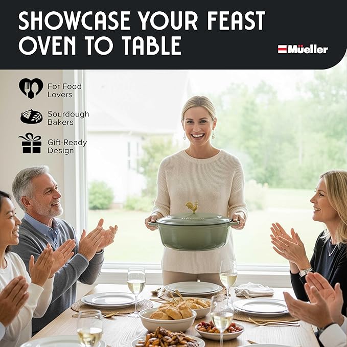 MUELLER HOME 5.5 Quart Enameled Cast Iron Oval Dutch Oven w Rooster Knob & Cotton Potholders, Heavy-Duty Cookware, Oven-Safe up to 500° F & Across All Cooktops, Gifts for Grandma & Women, Thyme Green