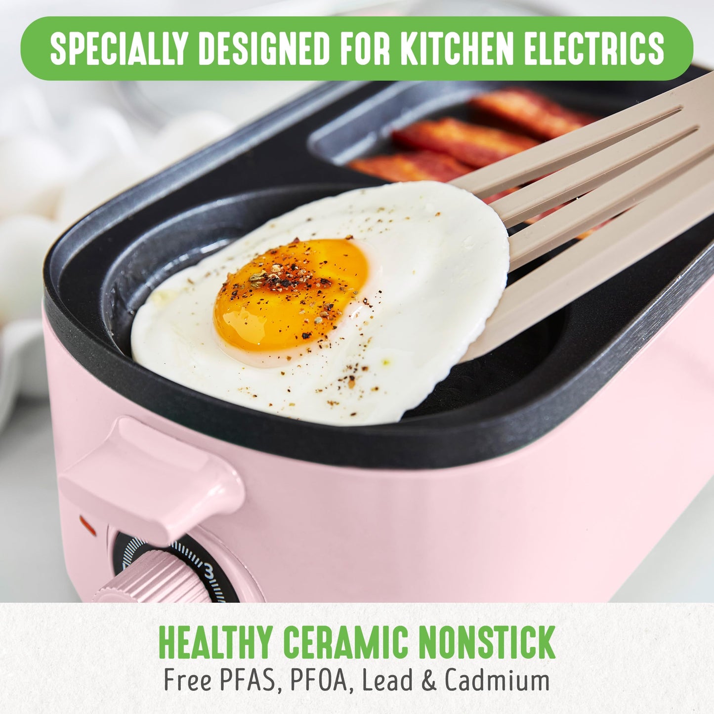 3-in-1 Breakfast Maker Station, Healthy Ceramic Nonstick Dual Griddles for Eggs Meat Sausage Bacon Pancakes and Breakfast Sandwiches, 2 Slice Toast Drawer, Easy-to-use Timer, Pink