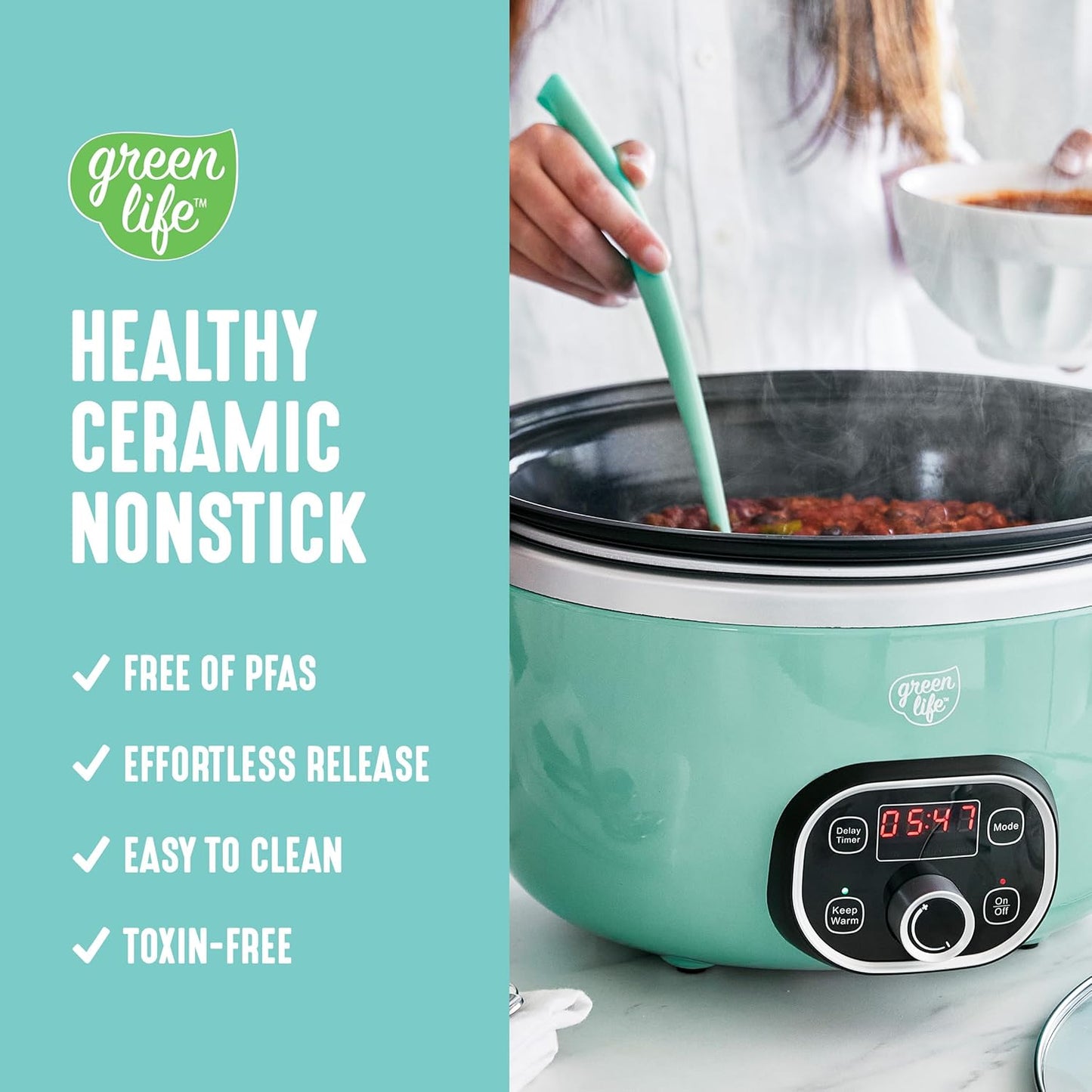 GreenLife 6 Quart Ceramic Slow Cooker, PFAS-Free, Programmable, Removable Healthy Nonstick Pot for Family Meals, Sear on Stovetop, Keep Warm, Digital Timer, Dishwasher Safe Glass Lid, Turquoise - Culinary Roots
