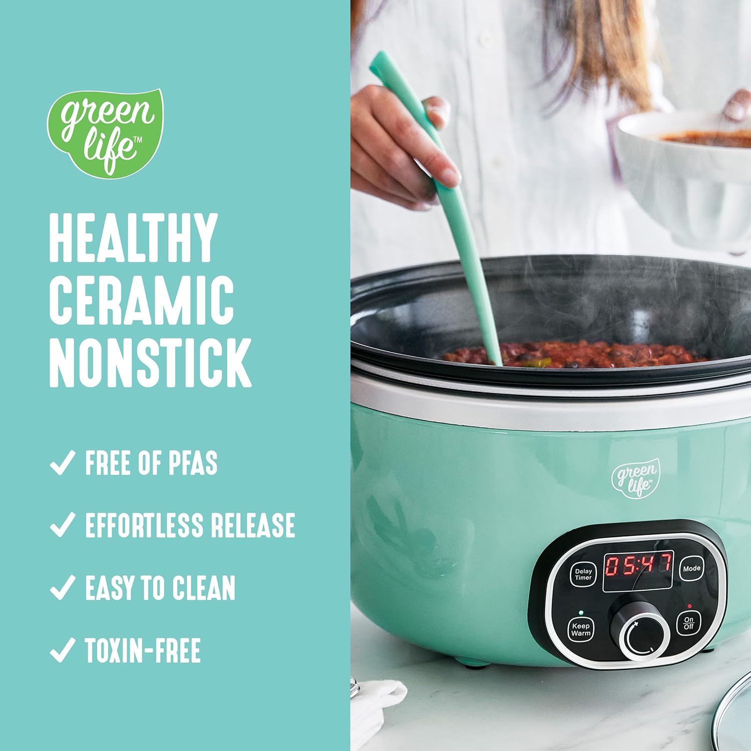 GreenLife 6 Quart Ceramic Slow Cooker, PFAS-Free, Programmable, Removable Healthy Nonstick Pot for Family Meals, Sear on Stovetop, Keep Warm, Digital Timer, Dishwasher Safe Glass Lid, Turquoise - Culinary Roots