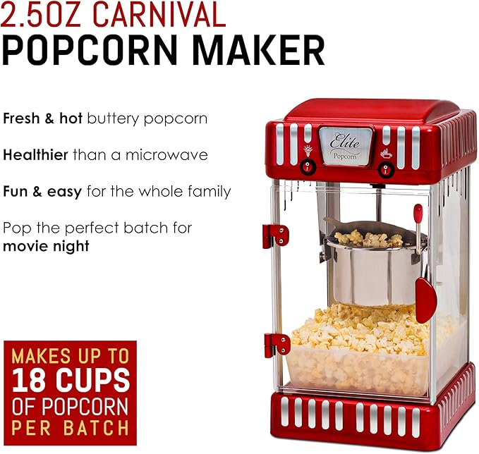 Elite Gourmet EPM-250 Maxi-Matic 2.5 Ounce Classic Carnival, Tabletop Kettle Popcorn Popper Machine, Retro-Style, Movie Hot Buttered Popcorn, Red