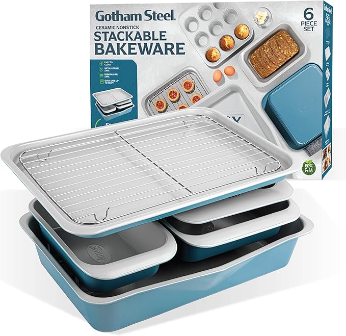Gotham Steel 6 Pc Stackable Baking Pans Set, 70% Space Saving Design, Ceramic Bakeware Sets Non Toxic Made Without PFOA PFOS, with Baking Sheet Tray, Cake & Muffin Pans, Oven & Dishwasher Safe