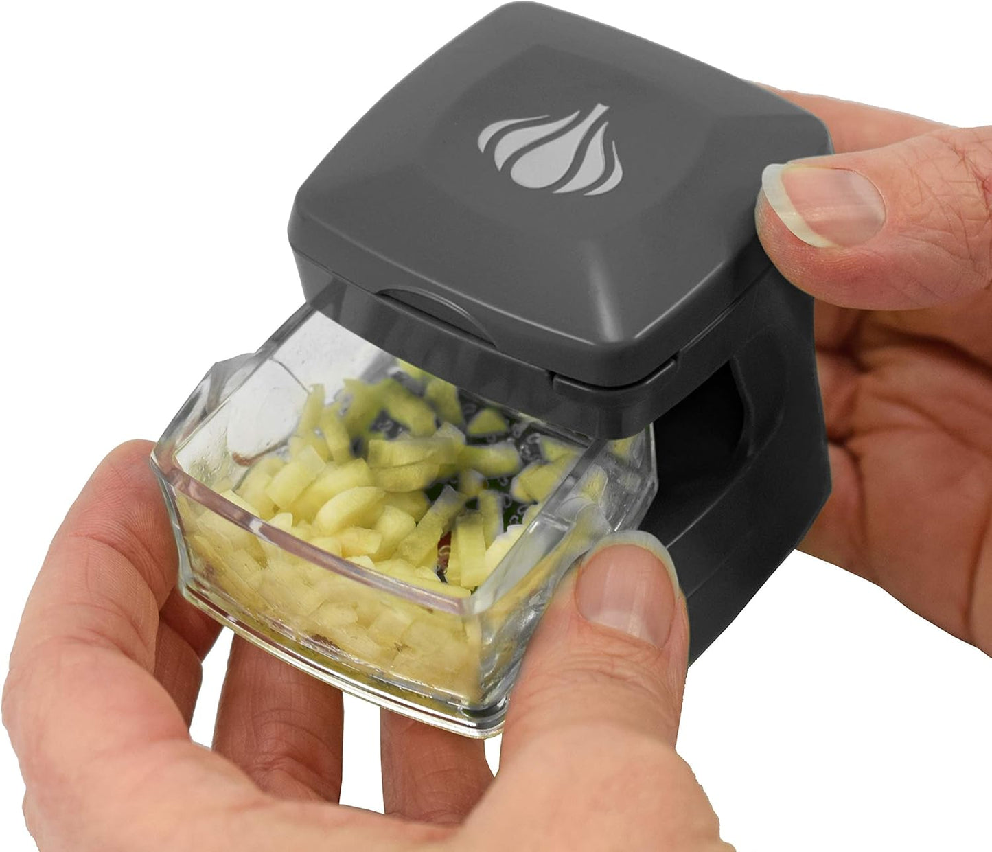 Garlic-A-Peel Garlic Press, Crusher, Cutter, Mincer, and Storage Container - Includes Silicone Garlic Peeler - Easy to Clean - Stainless Steel Blades – (Grey), standard - Culinary Roots