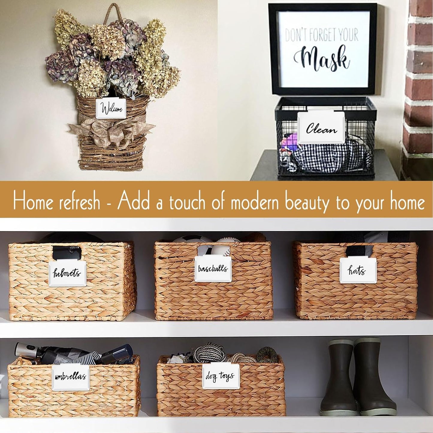 Basket Labels Clip on | Label Holders for Basket or Storage Bins Includes Black Chalk Markers (30 White Holders + 4 Black Chalk Makers)