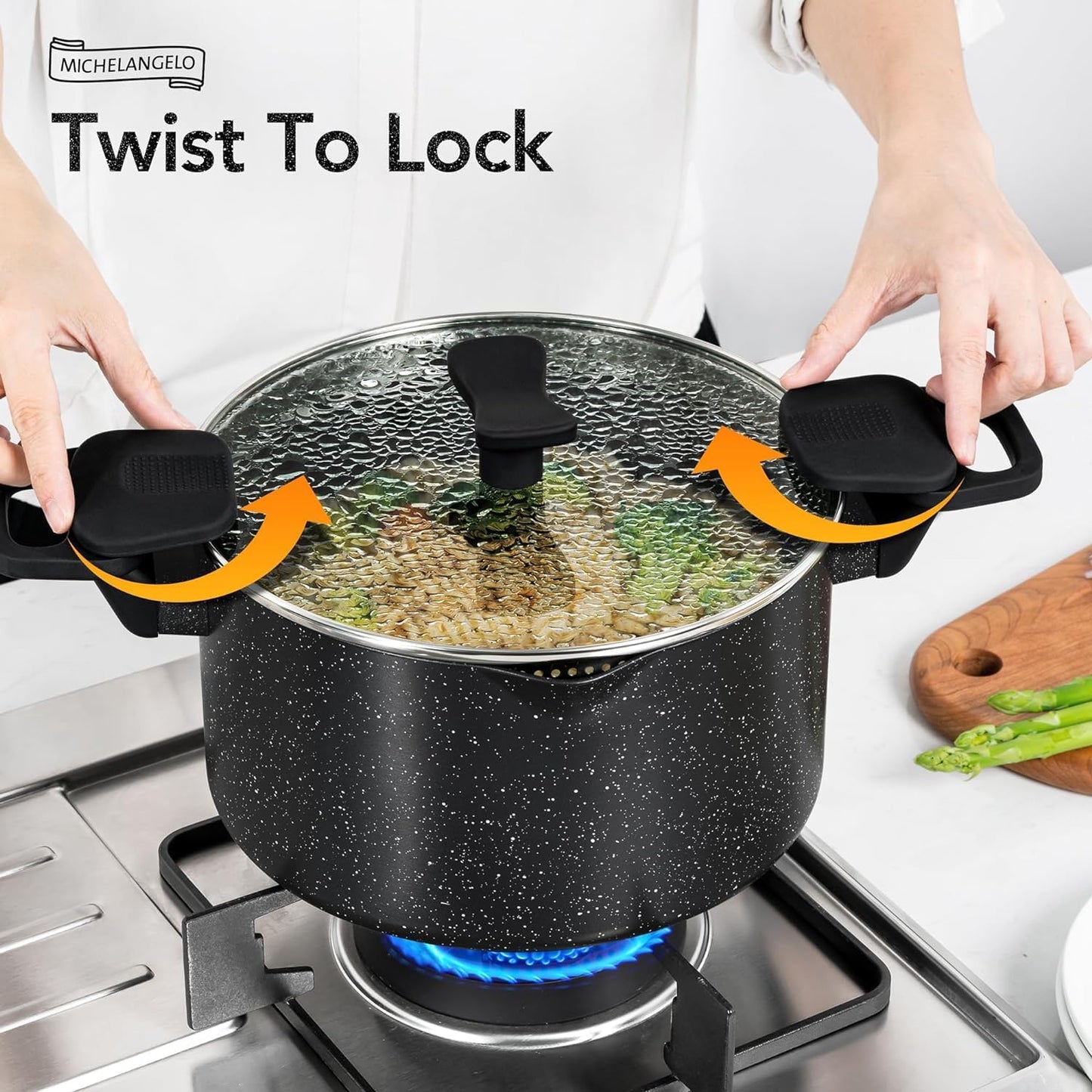 MICHELANGELO Pasta Pot with Strainer Lid, 6 Quart Cooking Pot with Twist and Lock Handles, Soup Pot with Nonstick Granite Coating, Spaghetti Pot Induction Compatible, Black - Culinary Roots