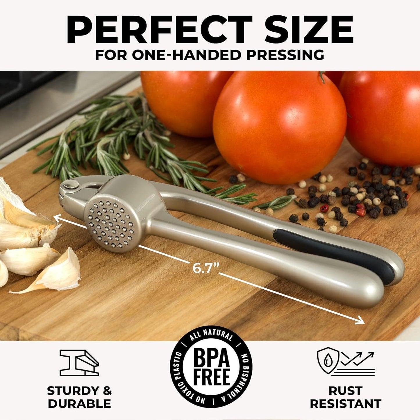 Zulay Kitchen Premium Garlic Press Set - Rust Proof & Dishwasher Safe Professional Garlic Mincer Tool - Easy-Squeeze, Easy-Clean with Soft, Ergonomic Handle - Silicone Garlic Peeler & Brush (Silver) - Culinary Roots