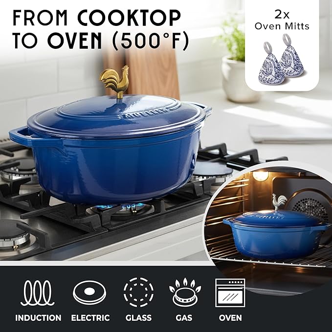 MUELLER HOME 5.5 Quart Enameled Cast Iron Oval Dutch Oven w Rooster Knob & Cotton Potholders, Heavy-Duty Cookware, Oven-Safe up to 500° F & Across All Cooktops, Gifts for Grandma & Women, Aqua Blue