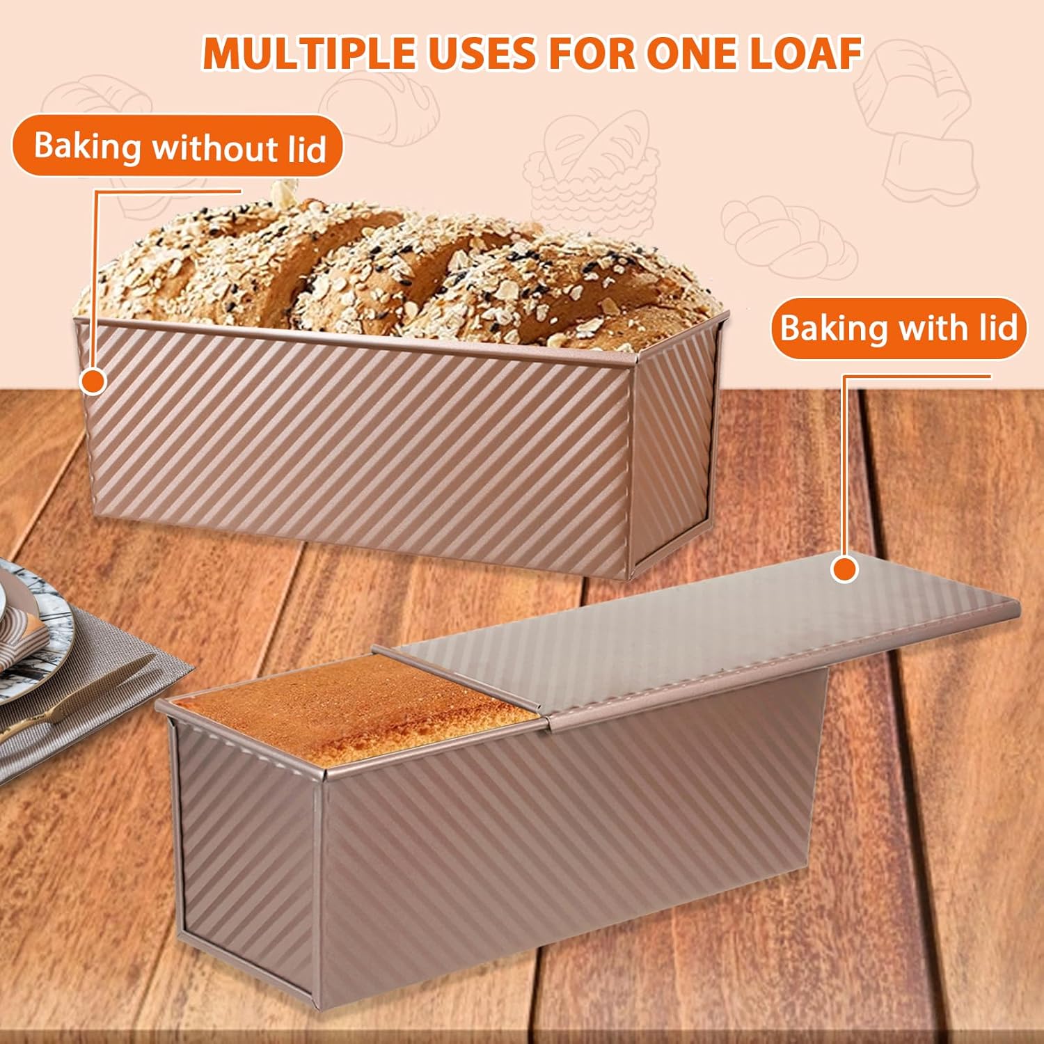 Non-Stick Pullman Loaf Pan with Lid 13x4 Inch - 2.2lb Carbon Steel Bread Baking Pan with 4 Vent Holes, Heavy Duty Sourdough Loaf Pan with Cover for Homemade Sandwich Bread (Gold) - Culinary Roots